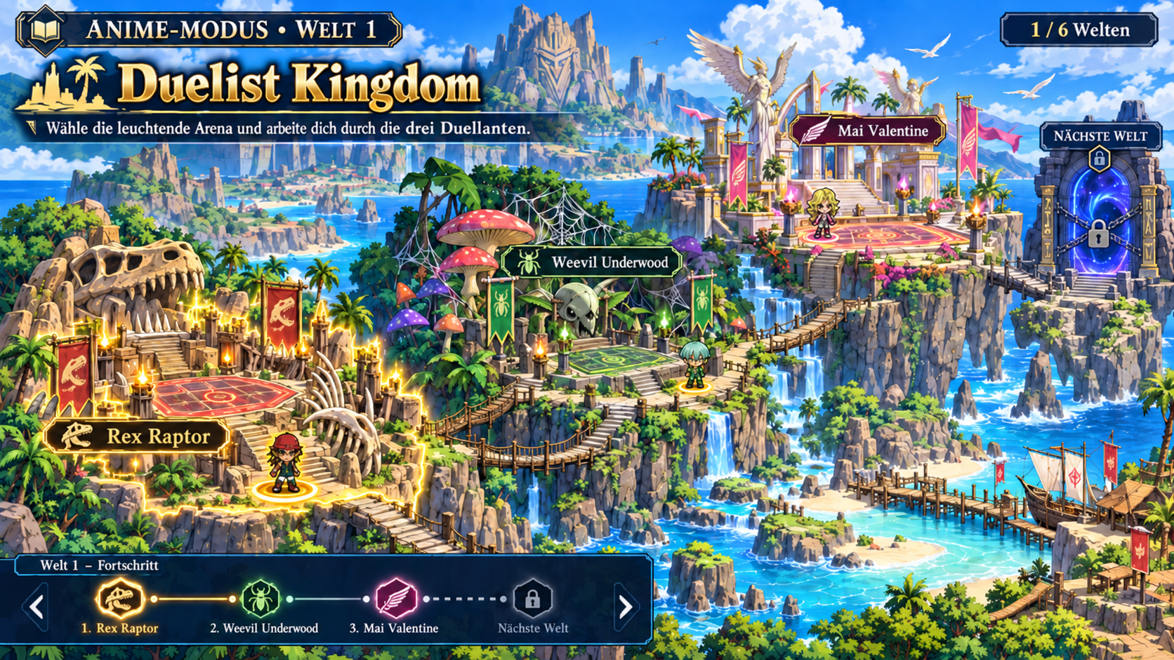 Weltkarte Duelist Kingdom mit den Arenen von Rex Raptor, Weevil Underwood und Mai Valentine