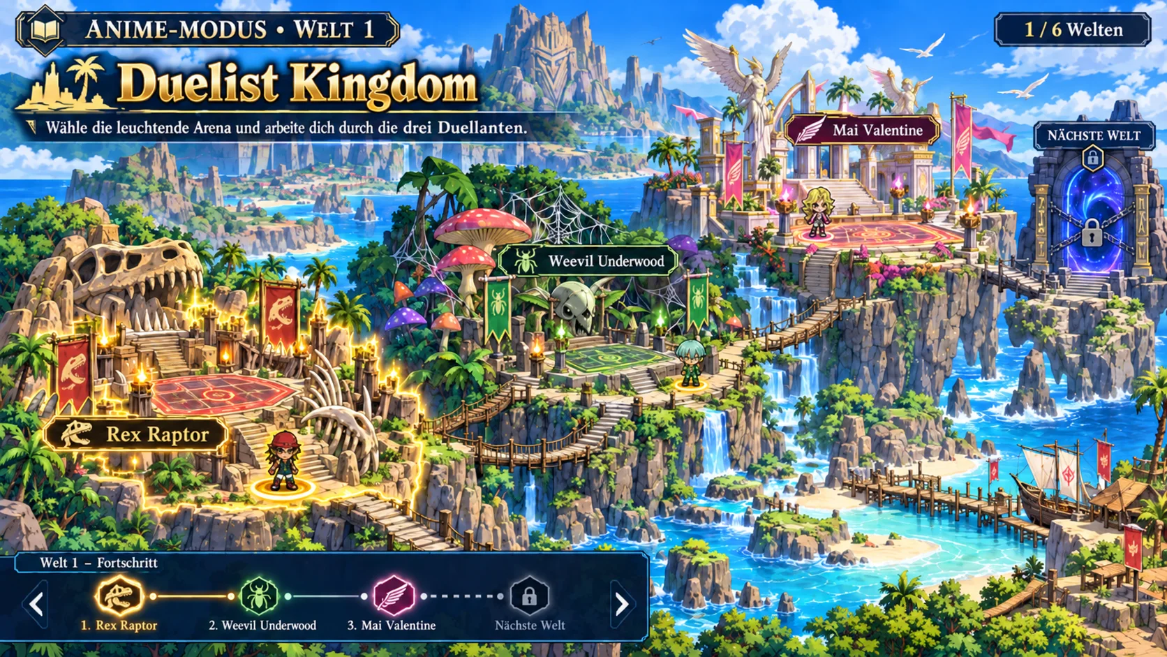 Weltkarte Duelist Kingdom mit den Arenen von Rex Raptor, Weevil Underwood und Mai Valentine